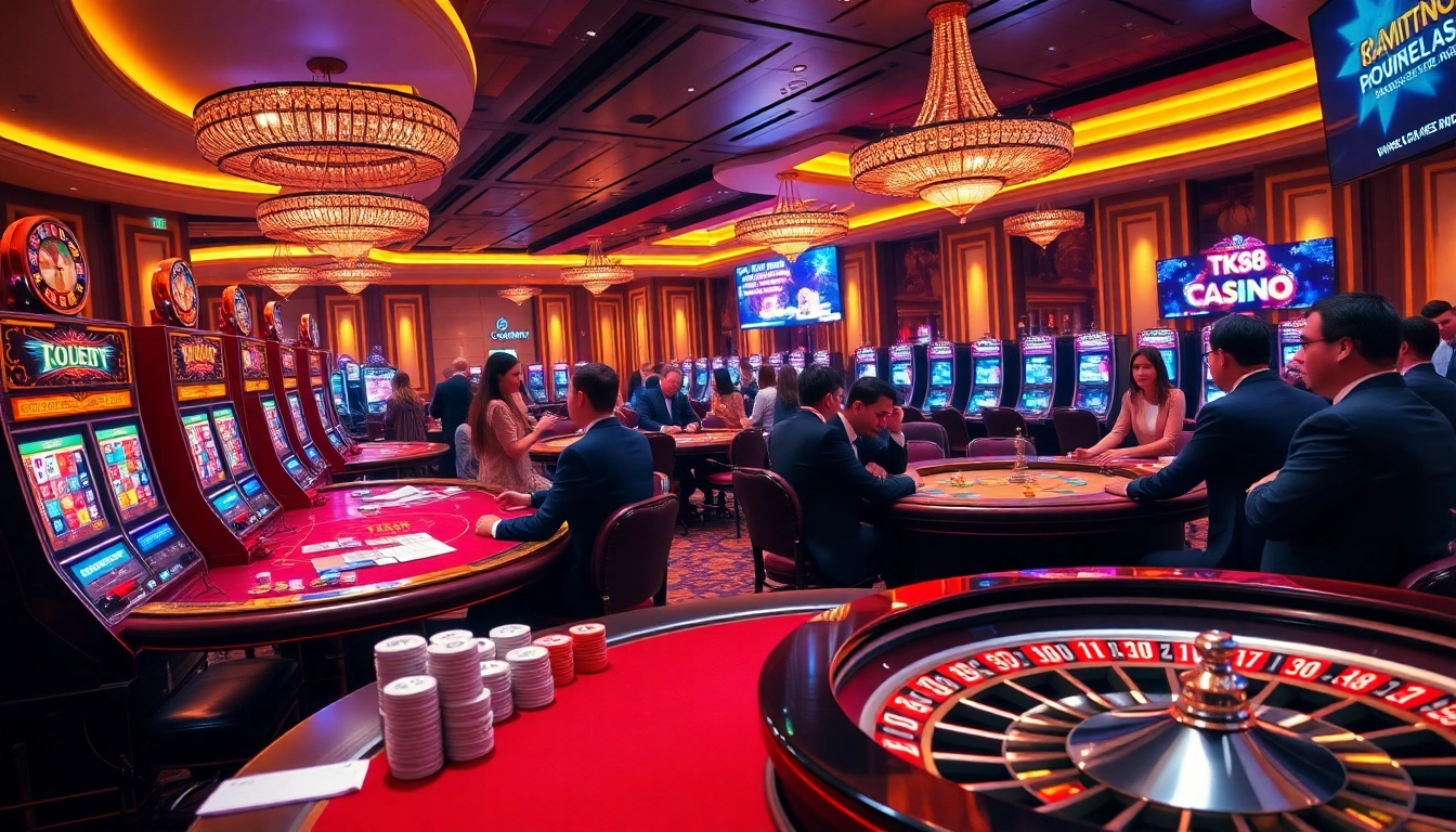 Experience the excitement of playing at TK88 casino with vibrant visuals of poker tables and slot machines.