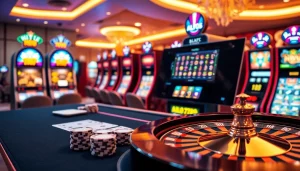 A thrilling ALO789 online gambling scene showcasing a vibrant casino atmosphere with cards and roulette.