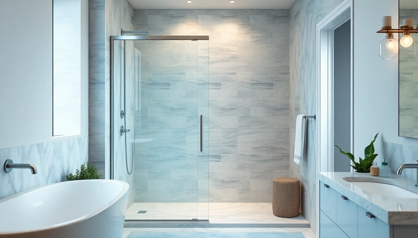 Stylish bathroom with modern sunney shower doors showcasing sleek design and luxurious ambiance.