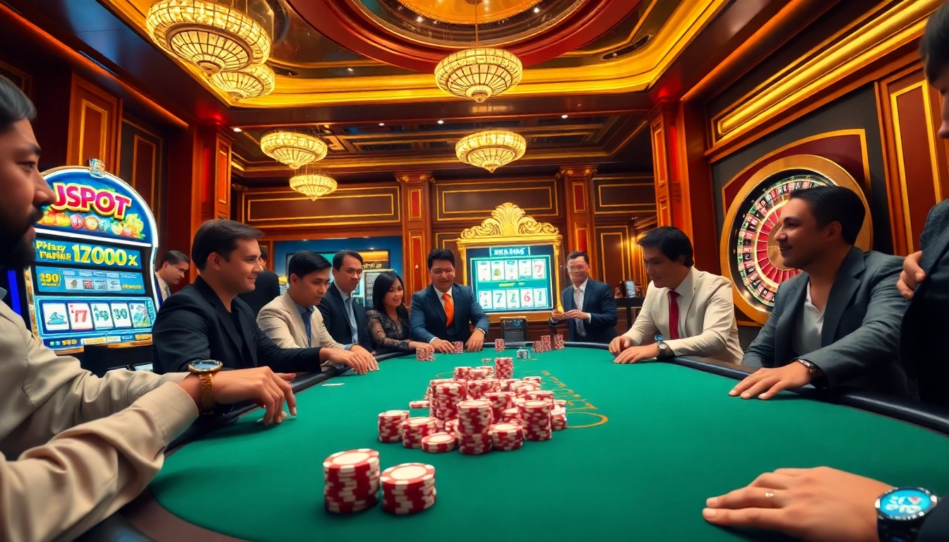 Engaging in thrilling poker gameplay at a vibrant casino with slot365 đăng nhập, surrounded by lively atmosphere and colorful chips.