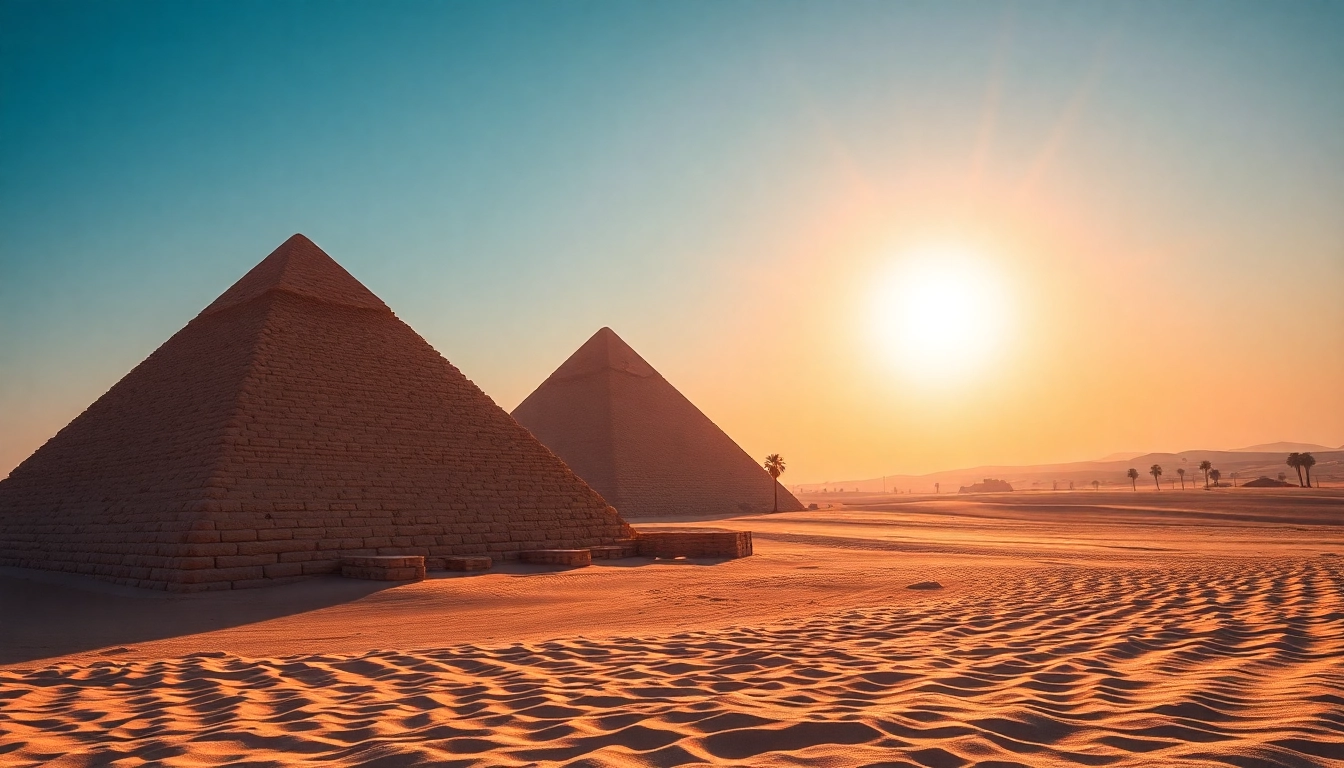 Piraminds rising majestically in sunlight against a clear blue sky showcasing ancient stone textures.