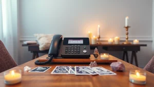 魅力的な電話占い 当たるセッションのセットアップ: 電話機、タロットカード、落ち着いた装飾。