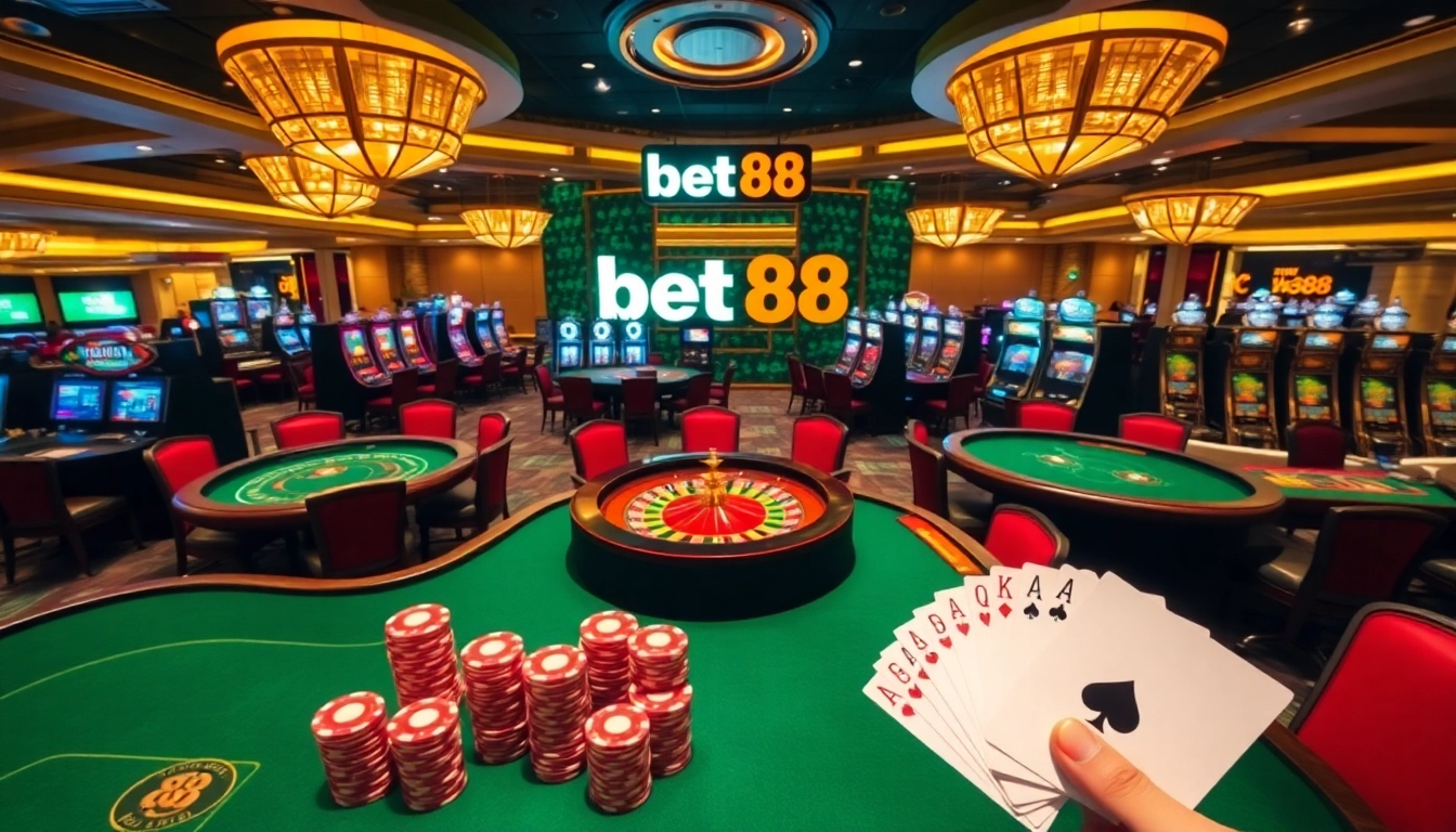 Experience the thrill of gambling with Bet88 at this vibrant casino scene featuring roulette and slot machines.