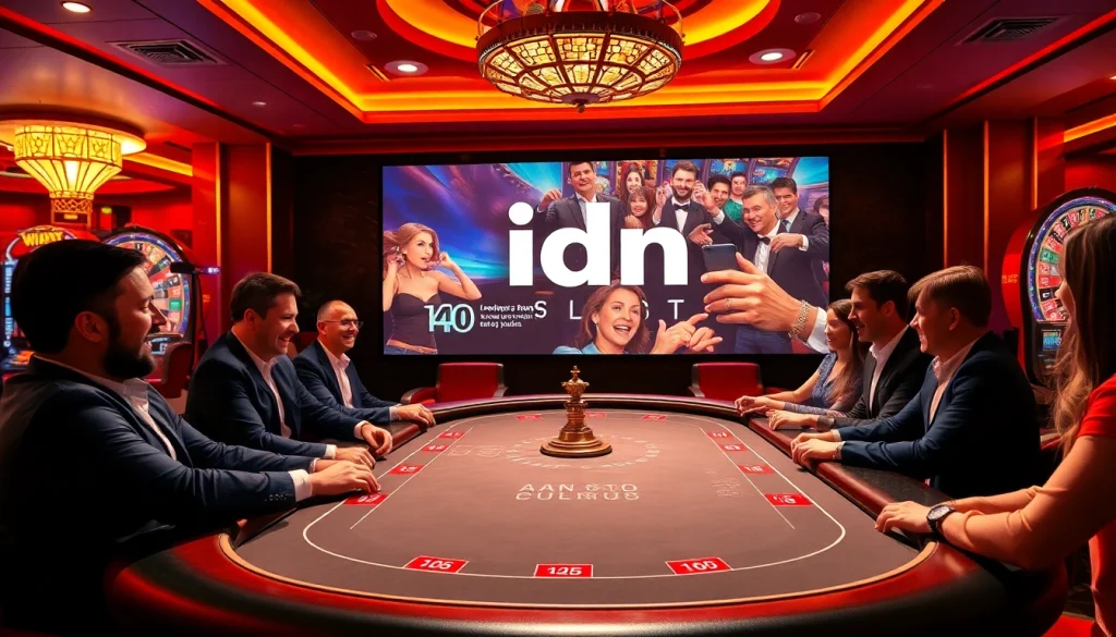 Players enjoying an idn slot game at a lively casino with vibrant decor and excitement.