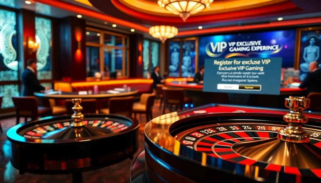 Register now for an exclusive VIP experience at a luxurious casino table with chips and cards.