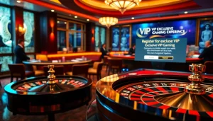 Register now for an exclusive VIP experience at a luxurious casino table with chips and cards.