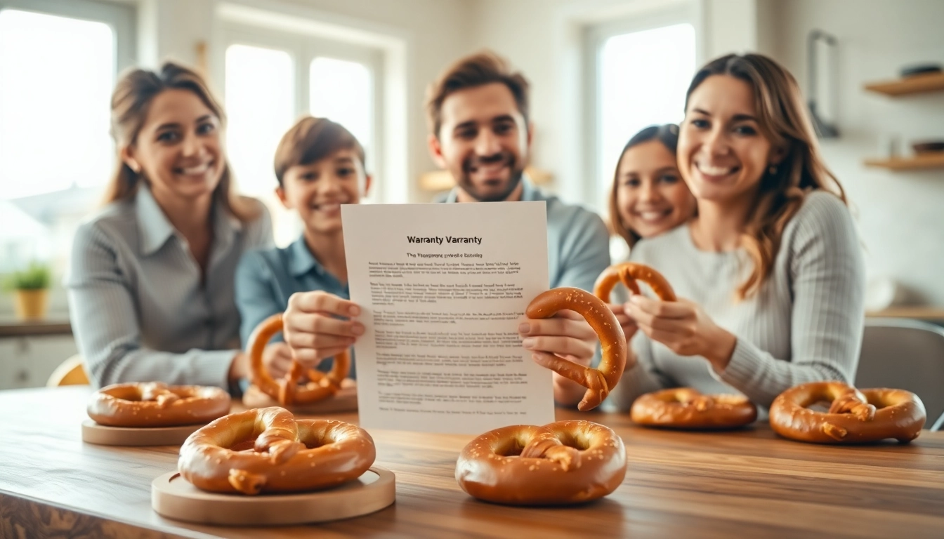 No hassle warranty claims highlighted in a happy family's interaction with pretzels in a cozy kitchen.