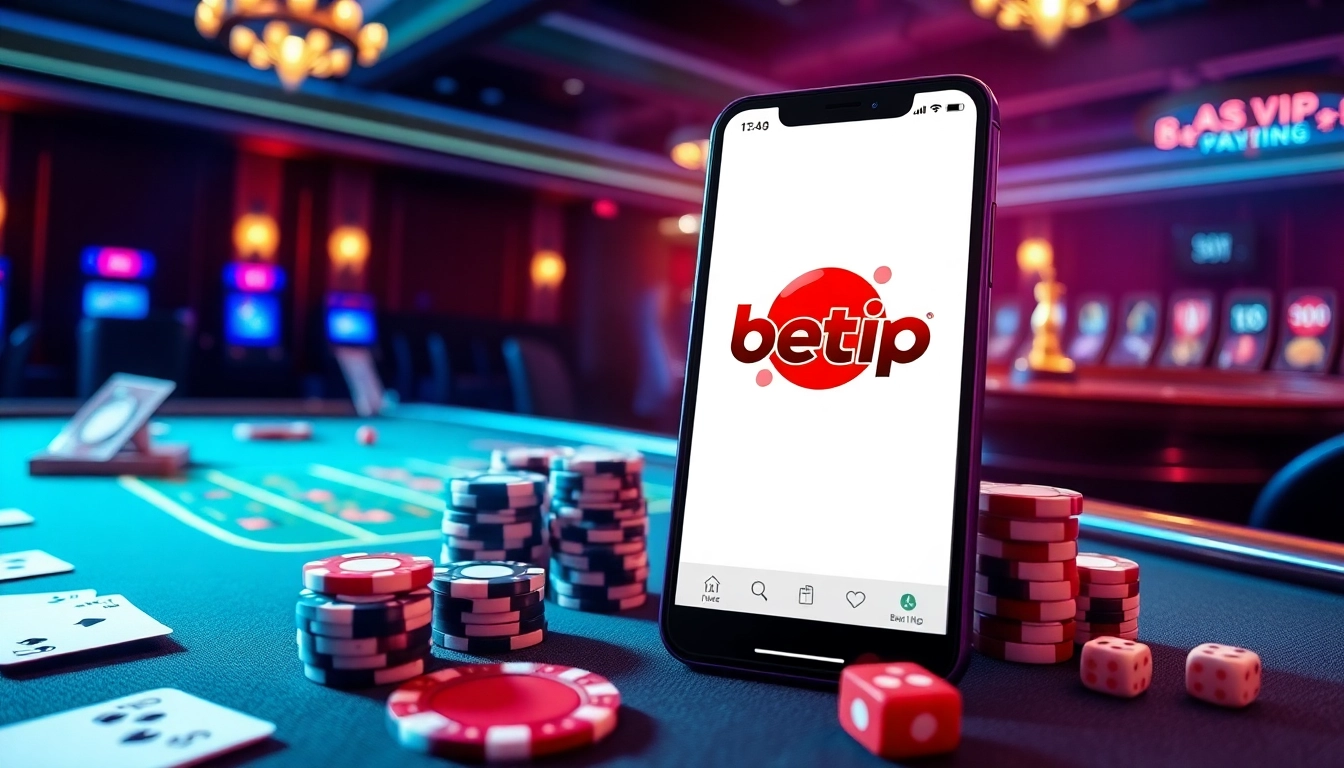 Trải nghiệm sự hứng khởi khi cá cược với ứng dụng BetVIP được hiển thị cùng các yếu tố casino sống động.