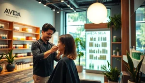 Welcoming atmosphere at an Aveda salon San Diego, featuring a stylist and client interaction with eco-friendly products.