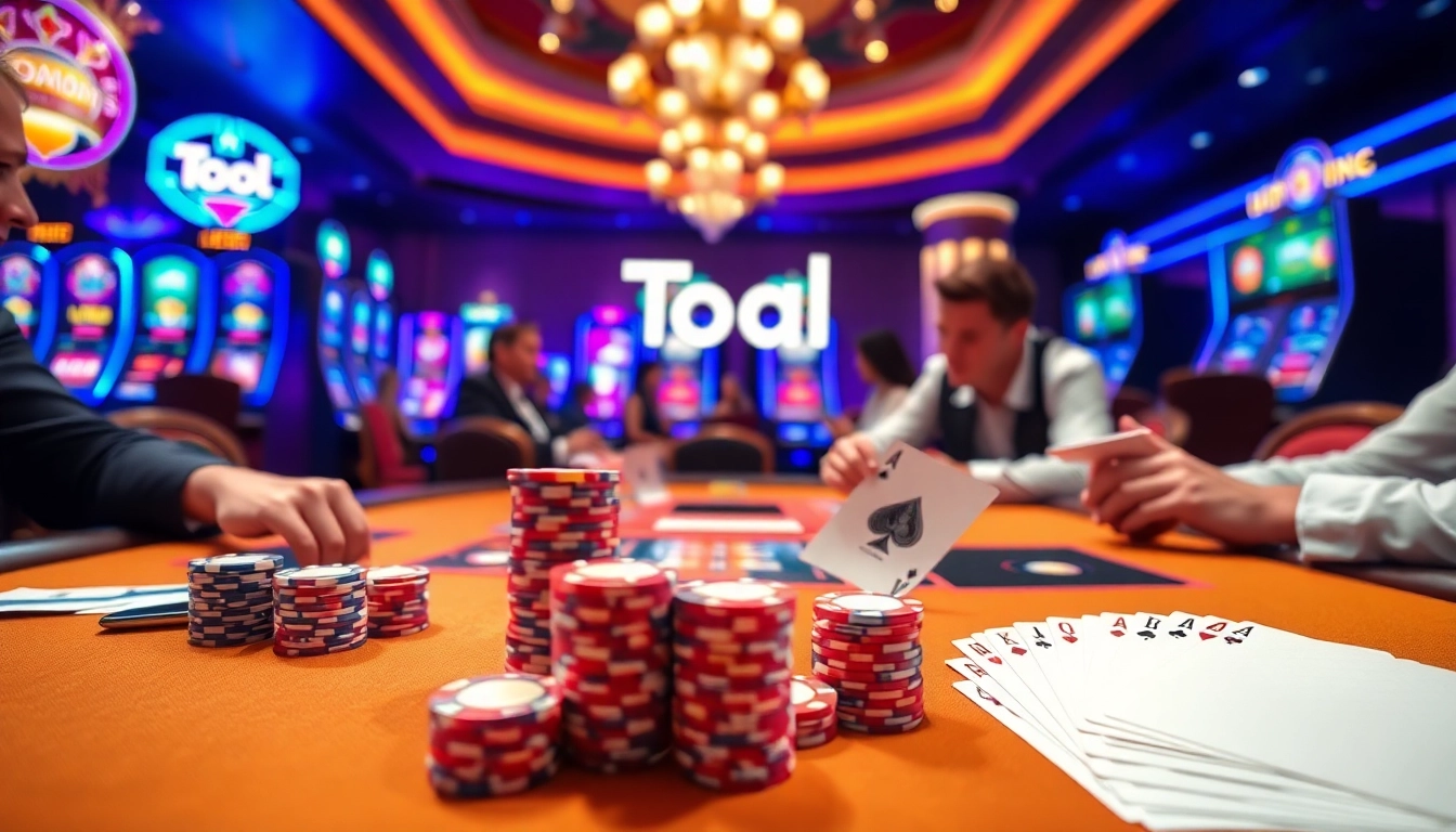 Players engaging with Tool xổ số siêu tốc on a vibrant casino table filled with poker chips and cards.