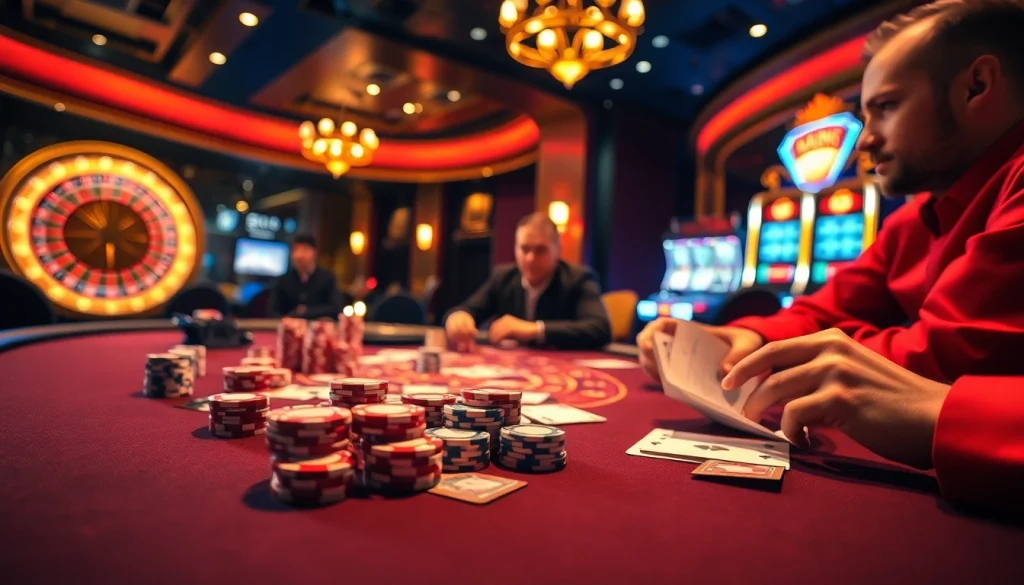 Experience high-stakes poker at https://go8f.com/, showcasing players in action surrounded by vibrant casino elements.