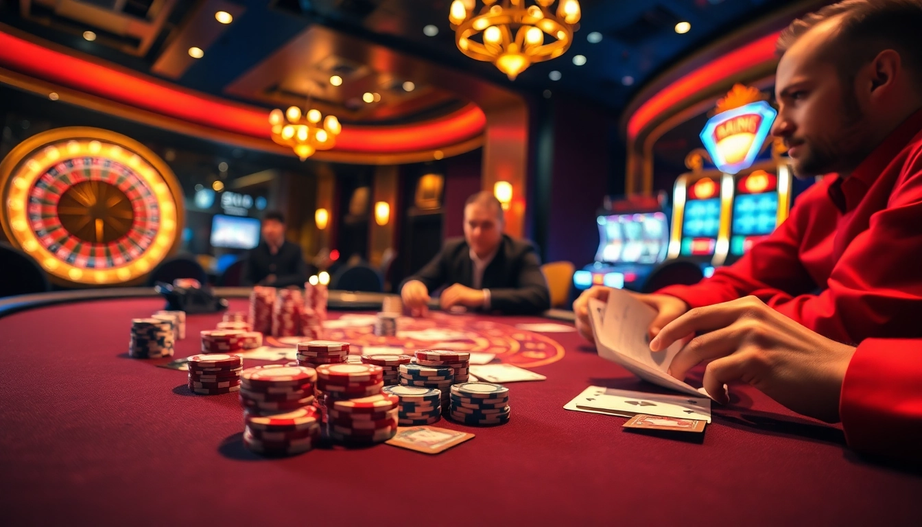 Experience high-stakes poker at https://go8f.com/, showcasing players in action surrounded by vibrant casino elements.