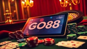 Players enjoying an engaging online gaming experience with GO88, featuring vibrant casino elements.