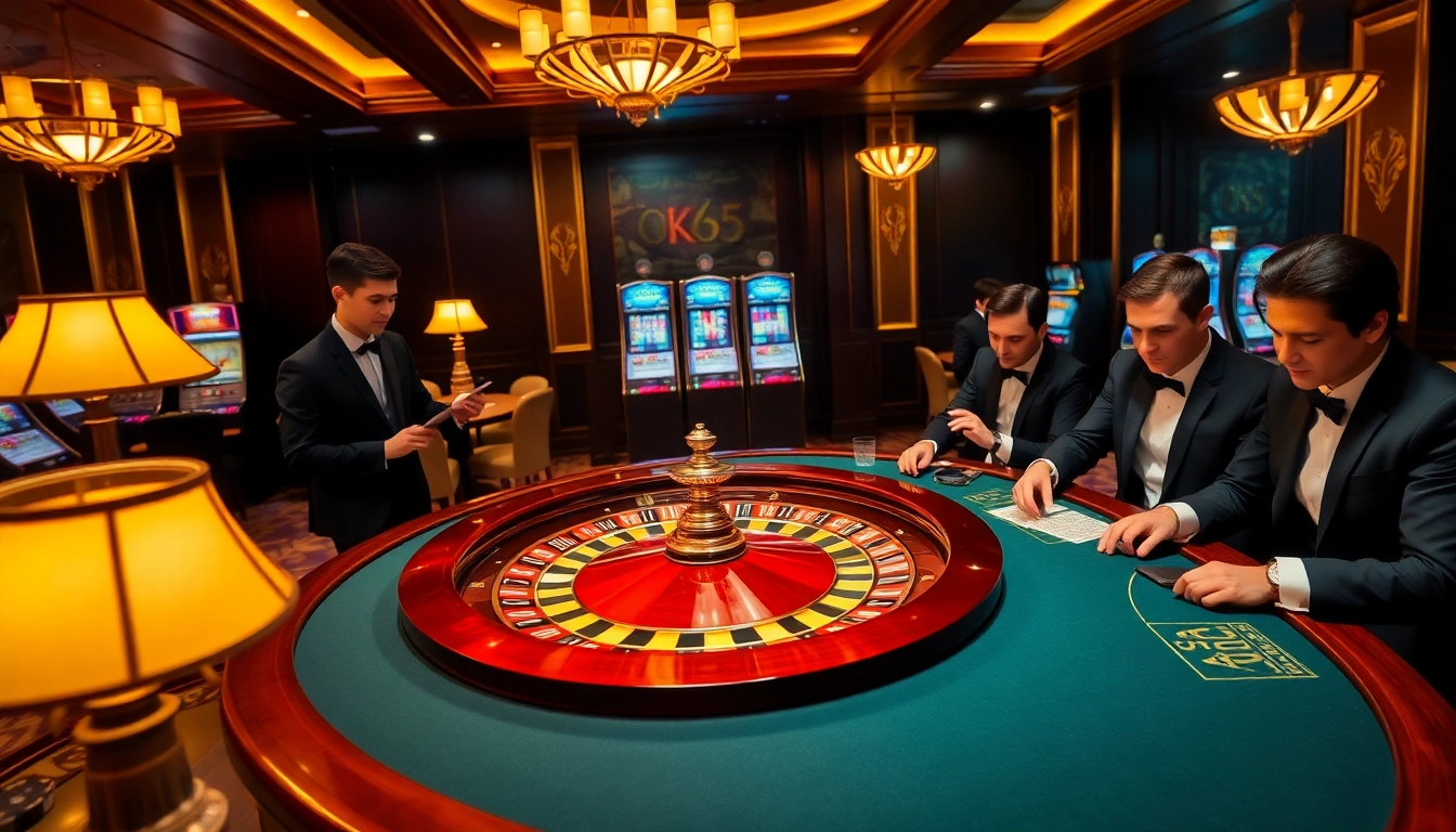 Players enjoying a premium casino experience at OK365 with roulette, poker, and slot machines.
