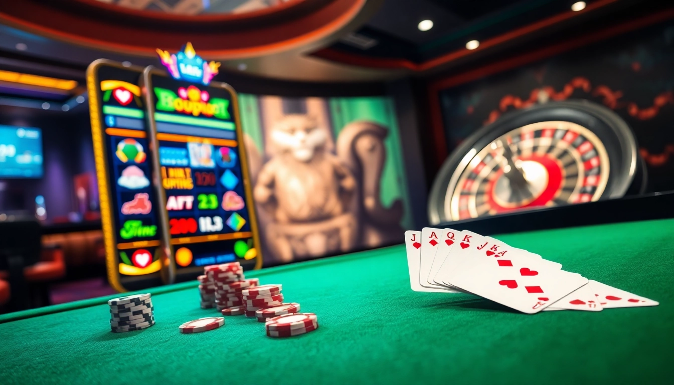 Engage with thrilling slot action at boosterjp with vibrant colors, poker chips, and roulette action.