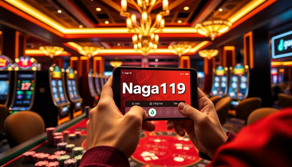 Download APK Naga169 on a smartphone surrounded by vibrant casino elements, poker chips, and slots.