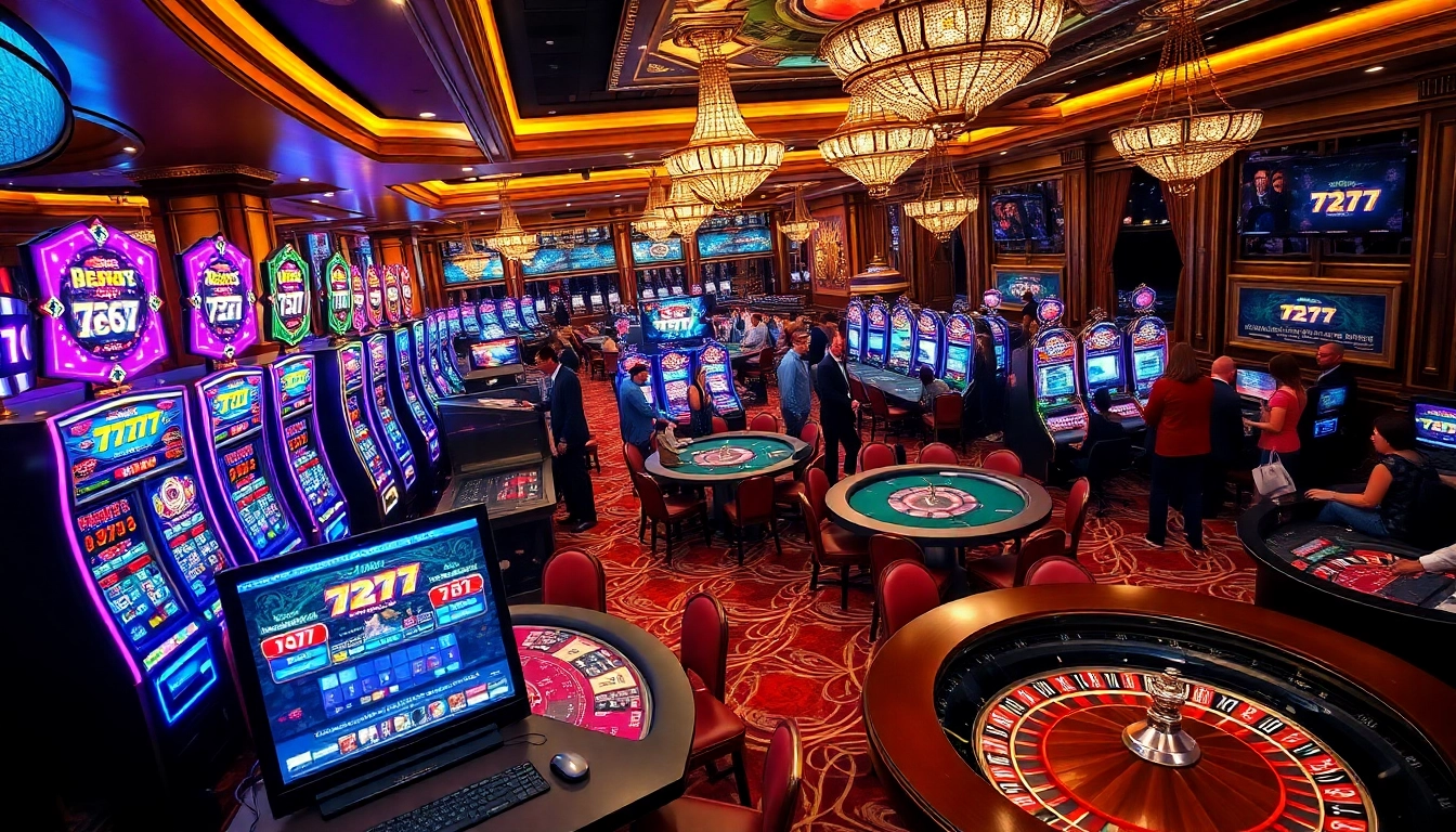 7c77 casino with vibrant slot machines and poker tables in a luxurious setting