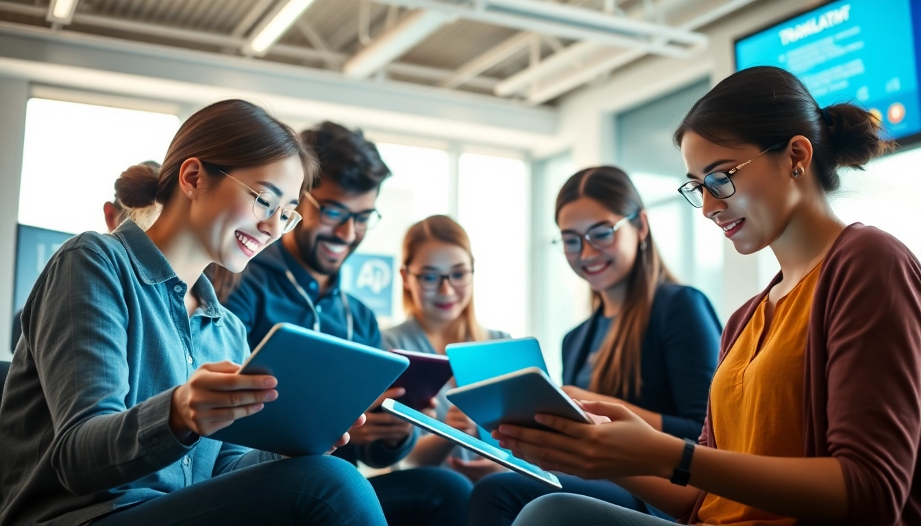 Students using 有道 translation tools in a modern educational setting.