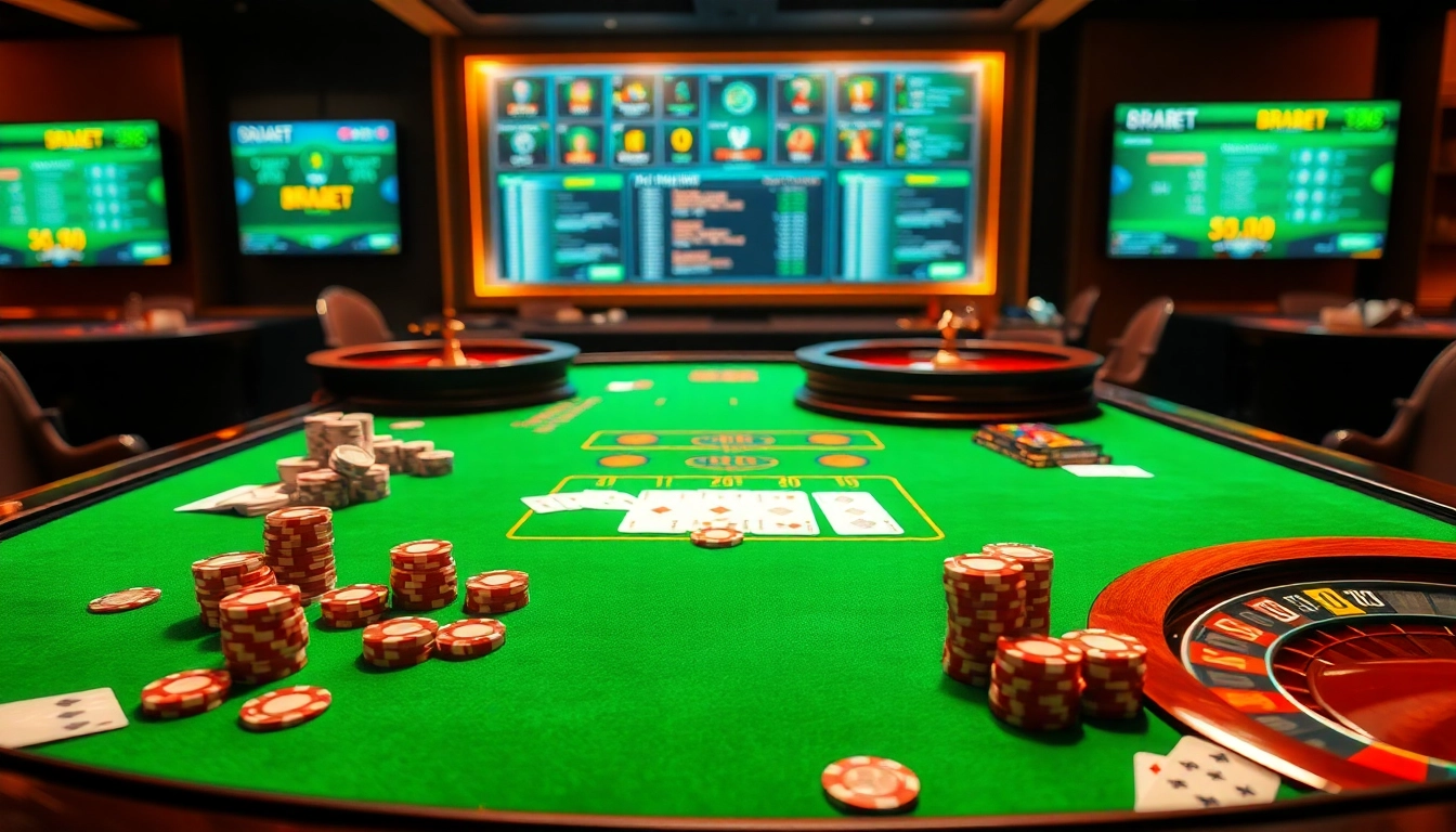 BRABET casino table showcasing poker chips, cards, and roulette wheel in a vibrant setting.