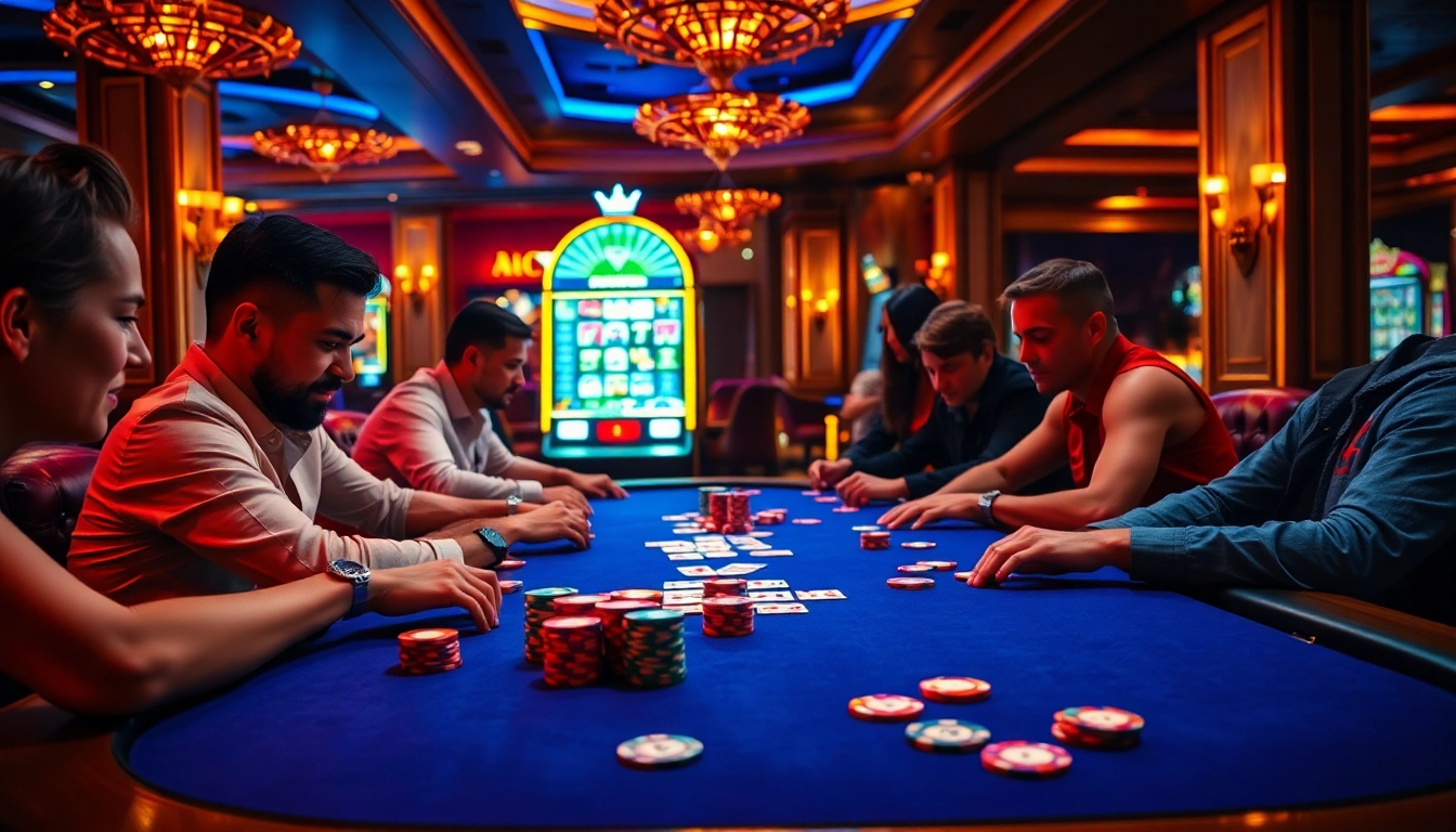 S666 poker table action with colorful chips and cards amidst a vibrant casino setting.