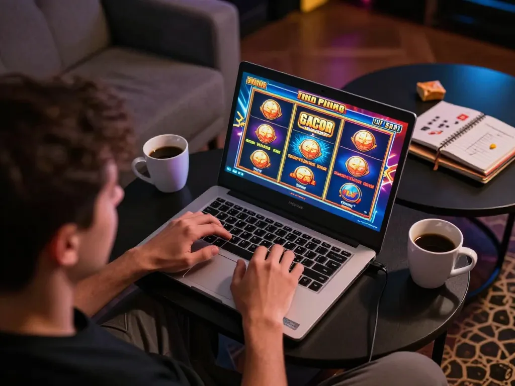 Player enjoying a slot gacor game on their laptop, surrounded by snacks and a relaxed atmosphere.