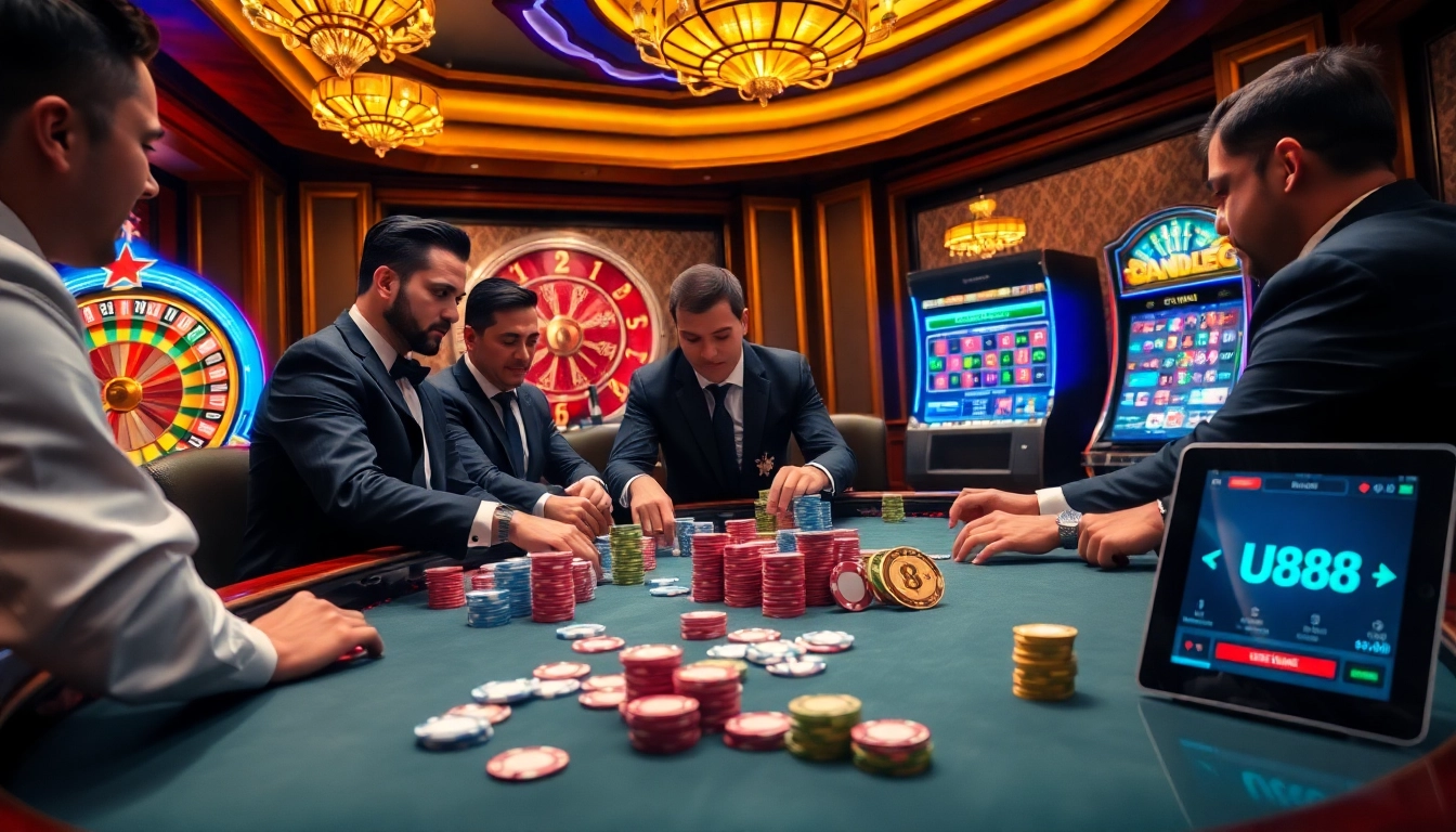 Join the excitement at u888 com with luxurious casino visuals featuring poker tables and roulette wheels.