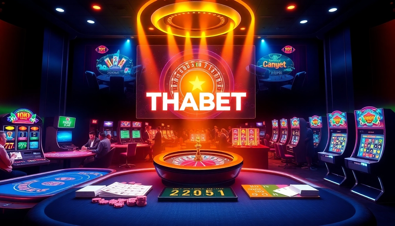 Engage in thrilling games at thabet casino with vibrant poker tables and colorful slot machines.