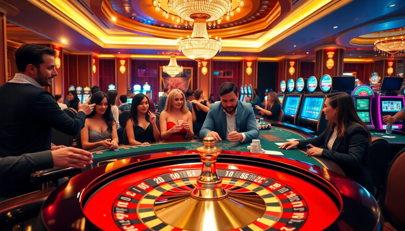The thrilling ambience of gambling at https://www.qq8827.com/ with vibrant casino tables and excited players.