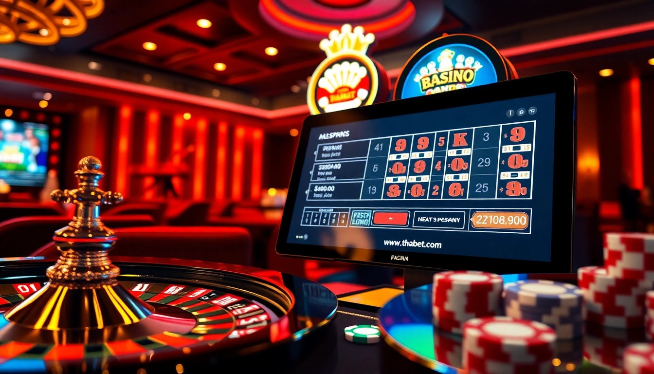 Experience the thrill of winning at THABET com with dynamic casino visuals of poker chips and jackpot slots.