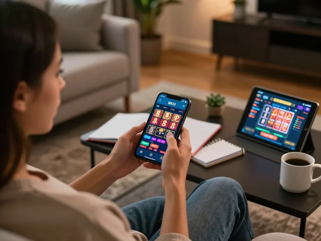 Engaging with the BK33 casino app during a strategic gaming session at home