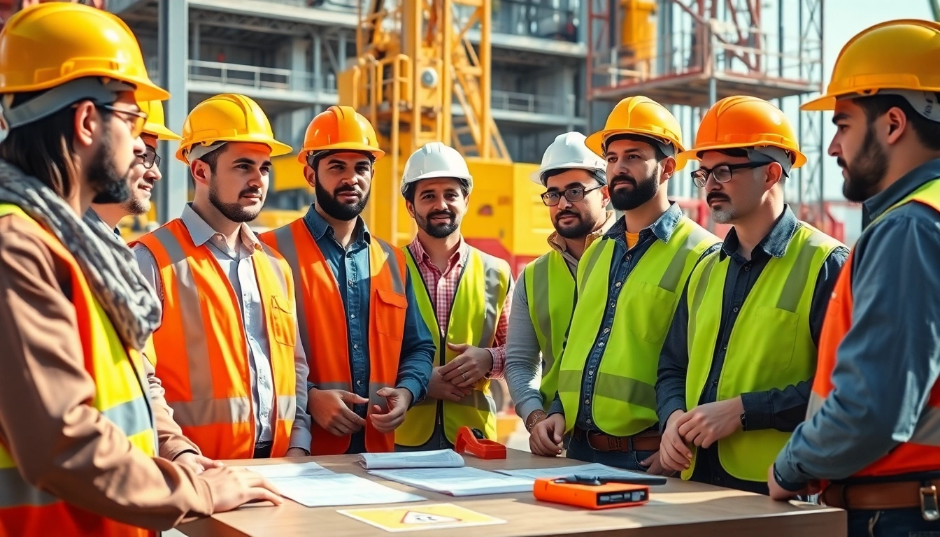 Construction safety training session with diverse workers in safety gear, emphasizing teamwork.