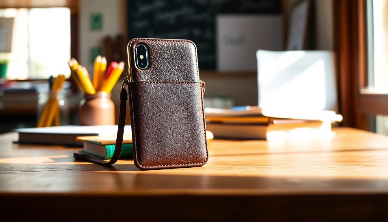 Handytasche Lehrer auf einem Holztisch mit Schulsachen und warmem Licht.