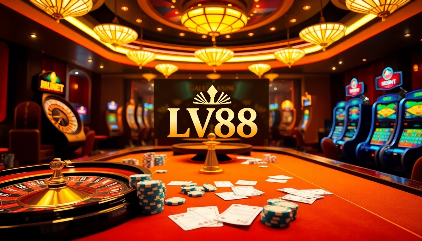Experience the thrilling gaming atmosphere of LV88 with vibrant casino tables and excitement.