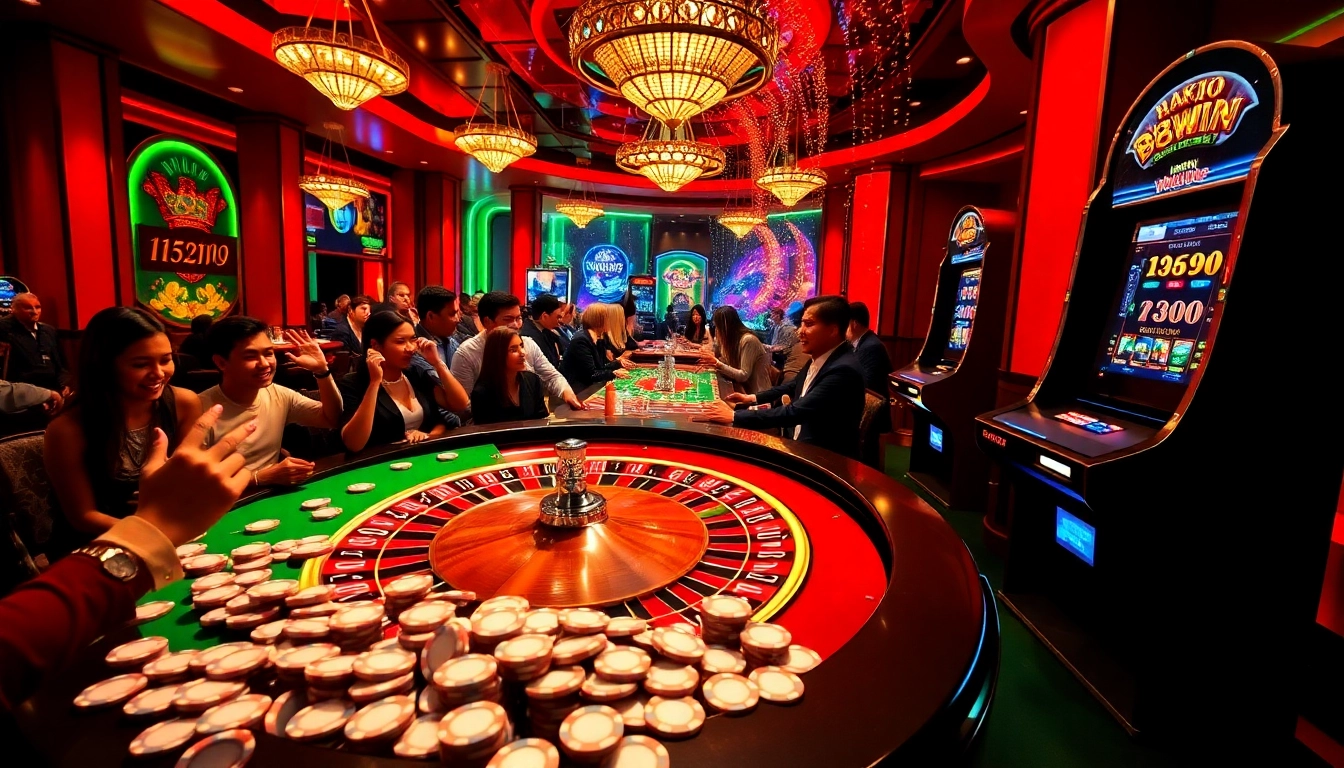 Exciting scene of players at 98win casino, engaging with roulette and poker tables
