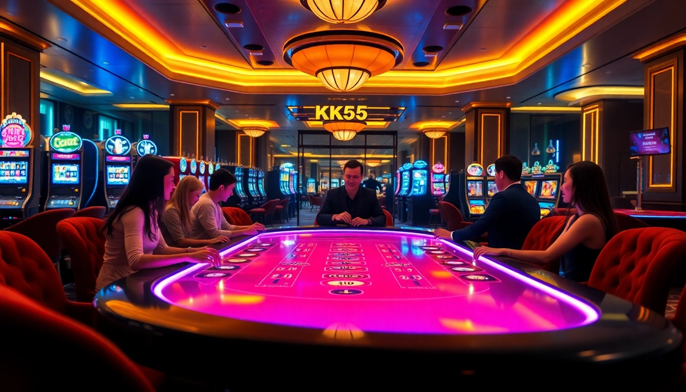 Exciting KK55 casino table with vibrant games, players, and golden lighting showcasing luxury gambling.