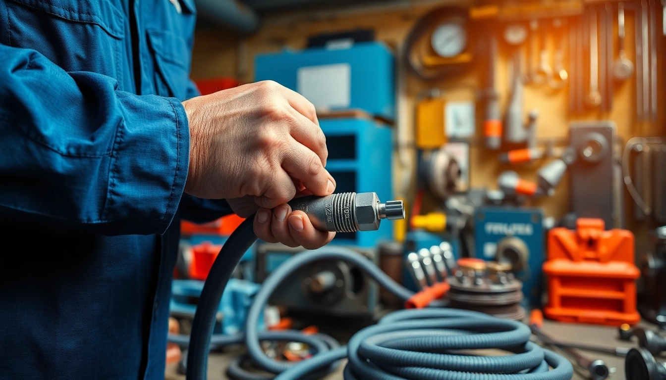 Expert hydraulic hose repair service with precision tools displayed in a professional workshop setting.