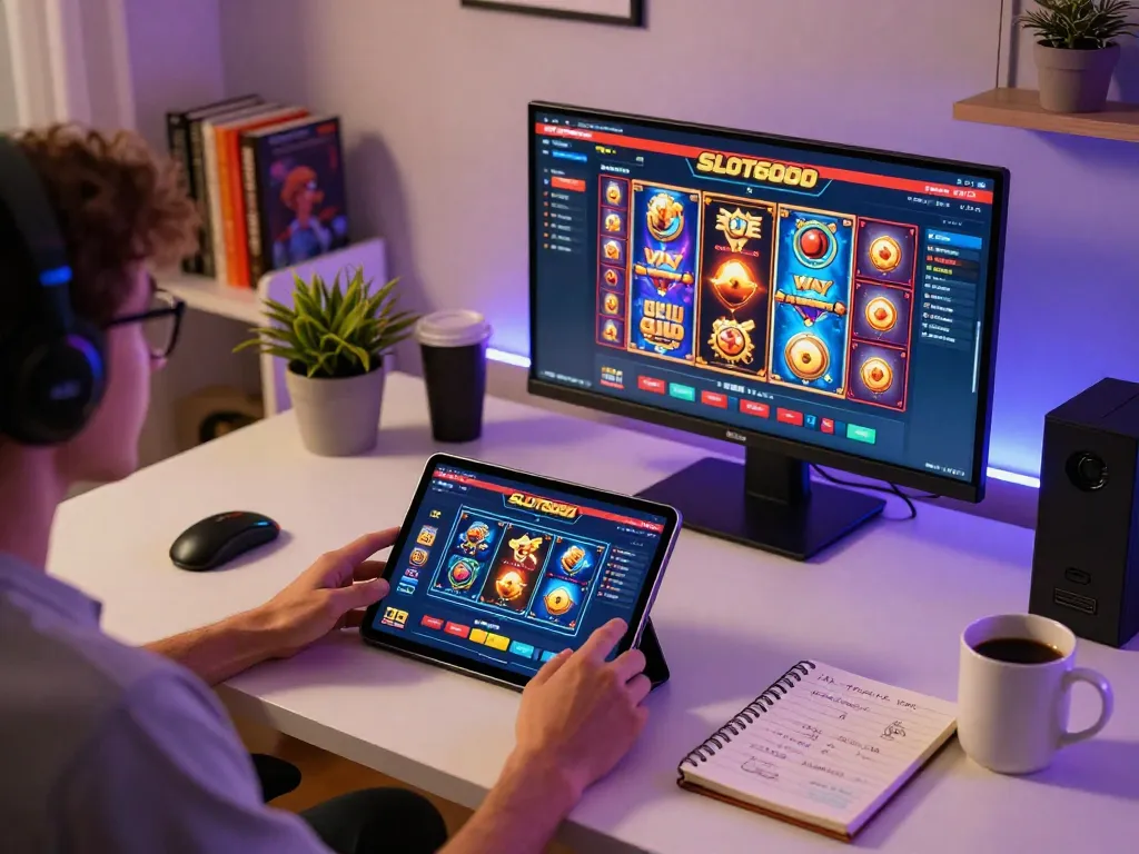 SLOT6000 interactive gaming experience on tablet with cozy home setup and gaming strategies.