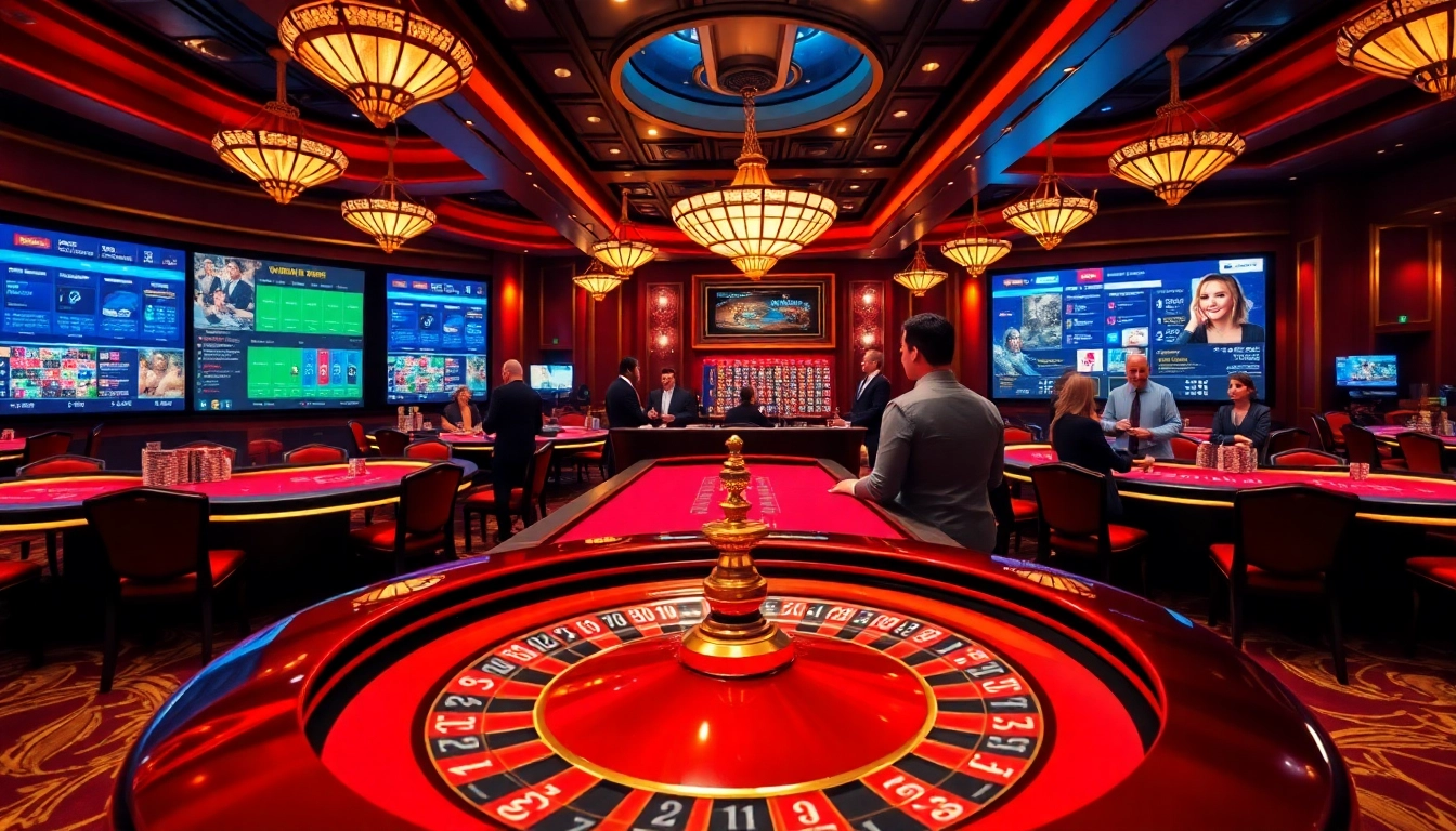 Scène excitante de casino en ligne avec des jetons de poker et une roue de roulette.