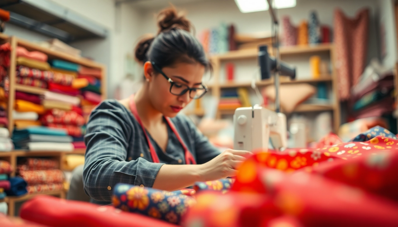 Koop dames stoffen online in een kleurrijke naaiwerkplaats met rijke texturen.