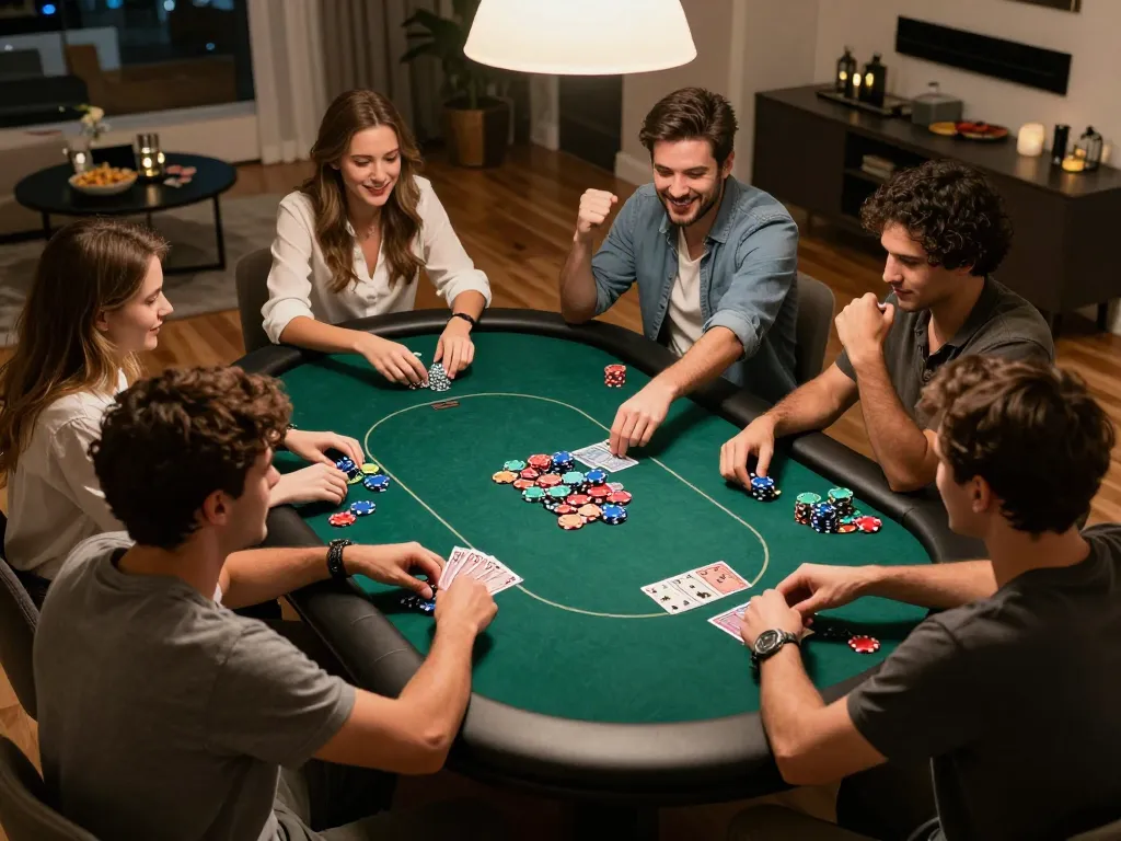 Friends enjoying a spirited poker game at home while playing Iwin apps, showcasing competitive excitement.