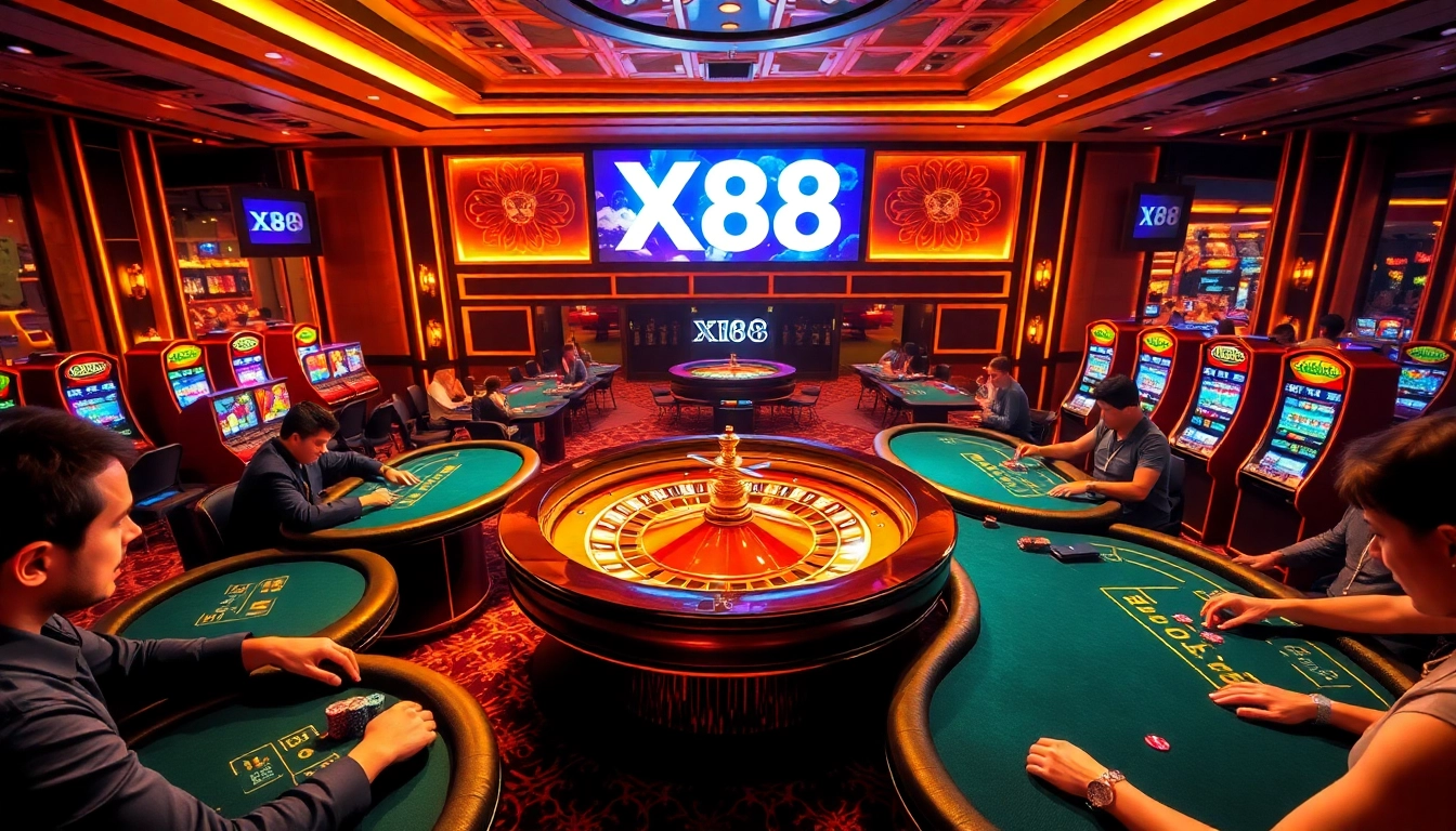 X88 casino scene featuring players engaged at roulette and poker tables with vibrant slot machines.