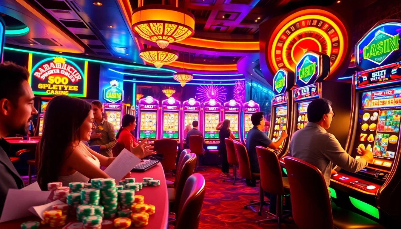 Experience the thrill of slot gacor gaming with players excitedly engaging at illuminated machines and roulette.
