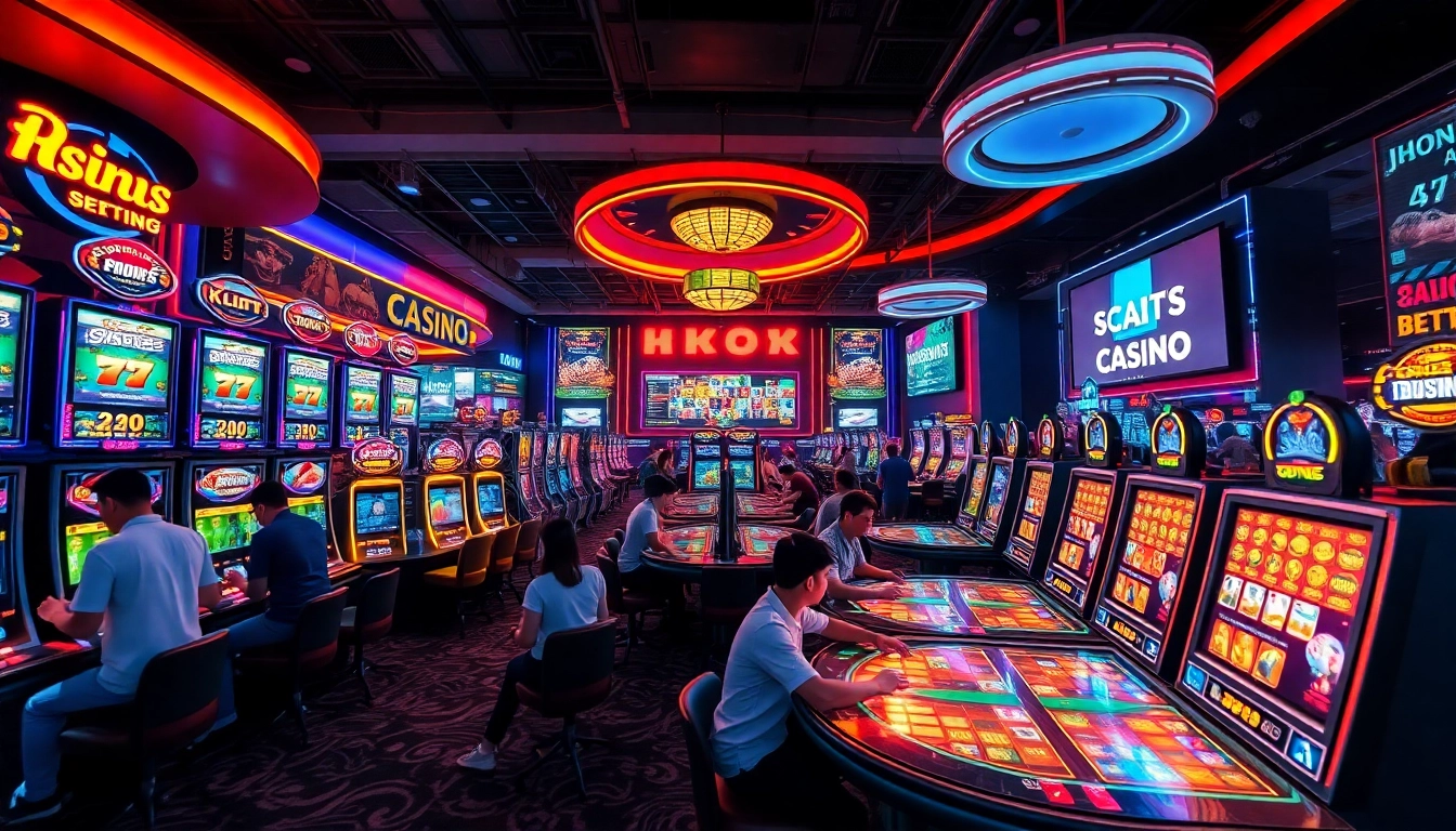 Engaging scene of nhà cái 6623 online gaming platform showcasing vibrant casino and sports betting areas.