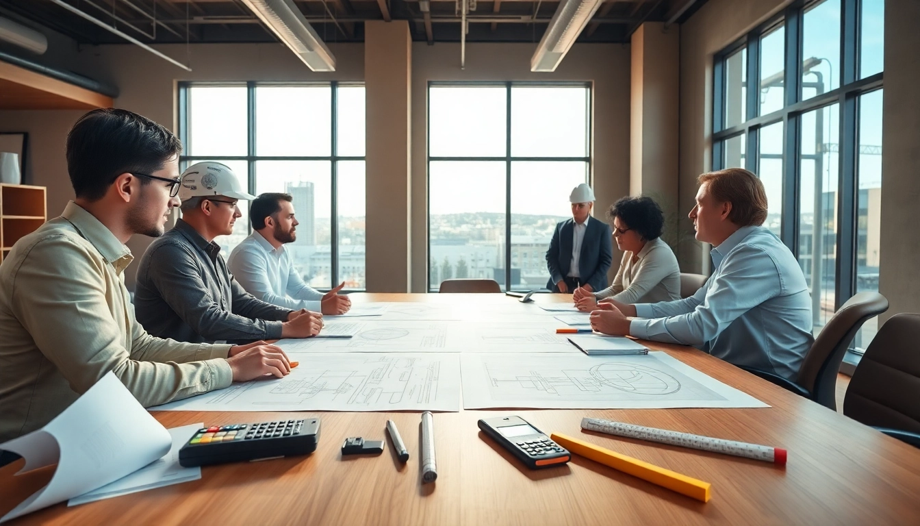 Engaging construction association professionals collaborating over blueprints in a modern office.