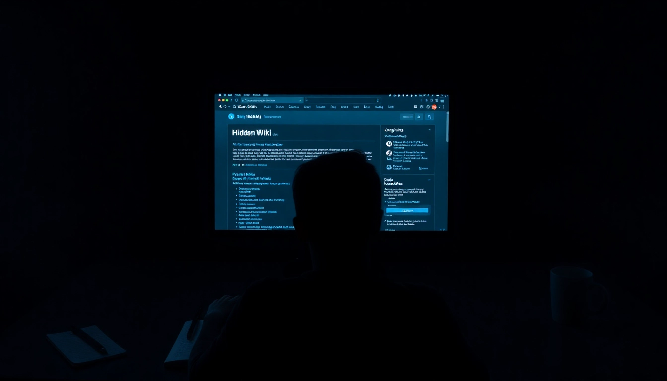 The Hidden Wiki browsing scene, featuring a user engaged with dark web links