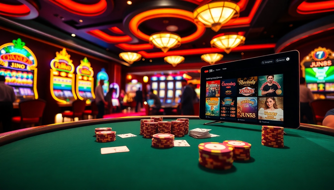Jun88 players enjoying a premier casino experience at a vibrant poker table with slot machines in the background.
