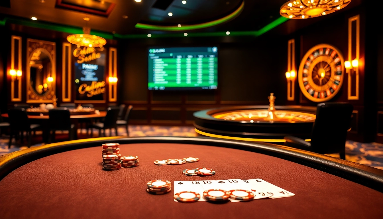 Scène engageante d'un casino en ligne présentant une table de poker et une roue de roulette prêtes pour les joueurs.