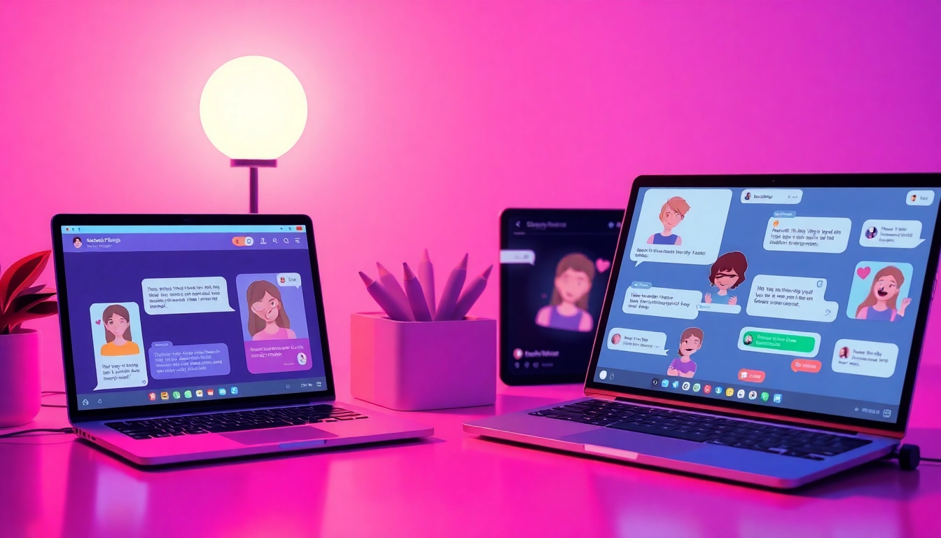 Intriguing digital art of an NSFW AI chat platform showcasing diverse character avatars and interactive interfaces.