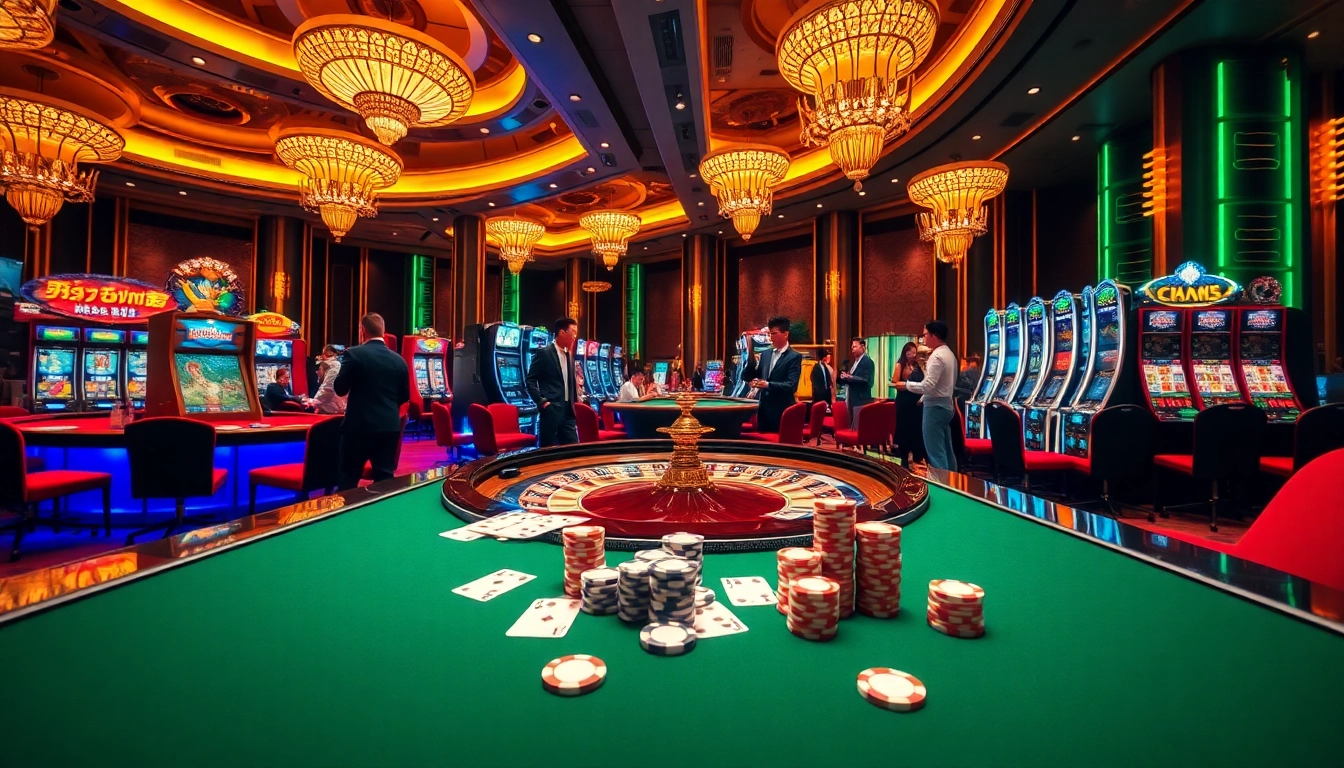MM888 players engaging at a vibrant casino, with roulette and poker games.
