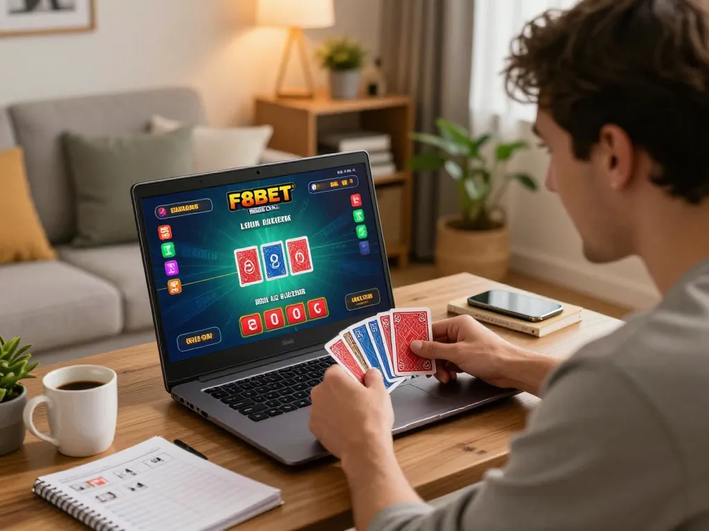 Player enjoying online games at home while exploring F8BET COM with excitement and strategy.